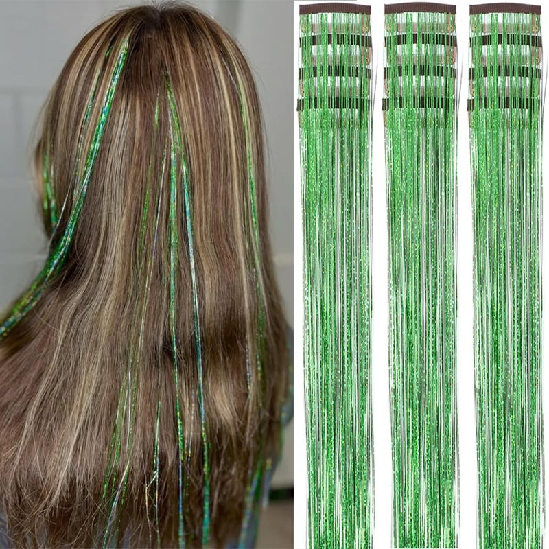 EROADE Hair Tinsel Clip in 12 Pcs Green Hair Tinsel Kit for Girls 22 Inch Glitter Fairy Tinsel Hair Extensions Colorful Heat Resistant Party Festival Accessories for Women Kids (green) - Image 1